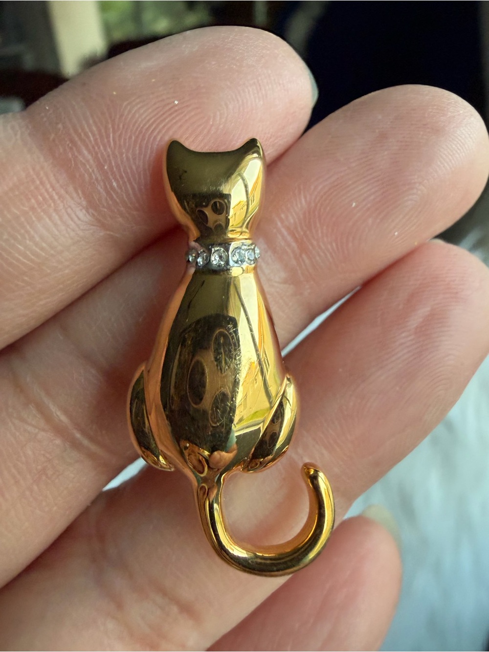 CAROLEE | Vintage | Gold Cat Brooch Pin with Clear Rhinestone Collar 1.25” Tall
